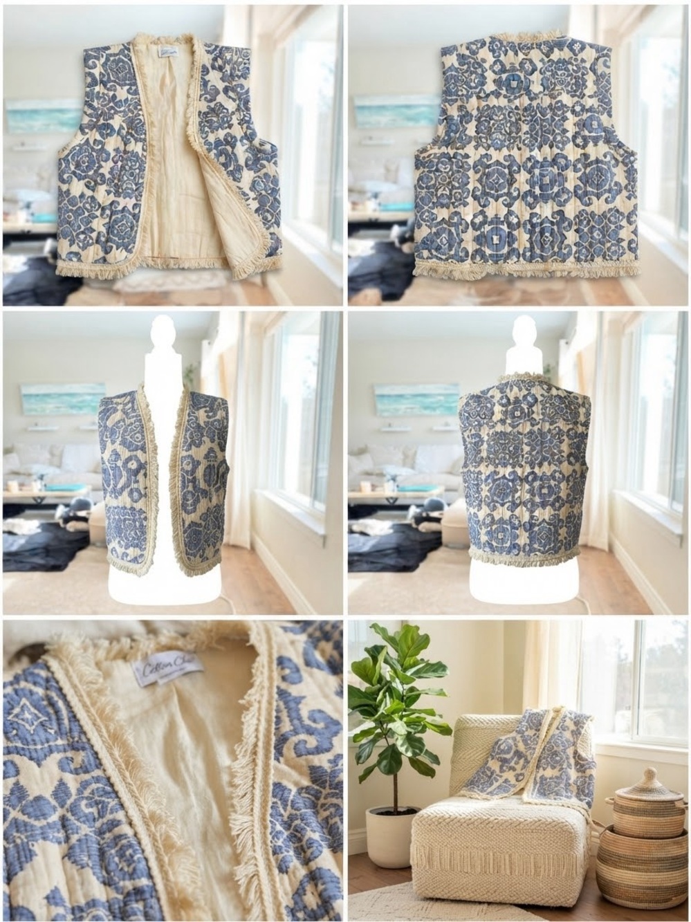 Fringed Quilted Cream & Blue Patterned Vest